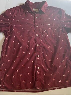 Men's Burgundy Short-Sleeve Button-Up Shirt with Flamingo Print